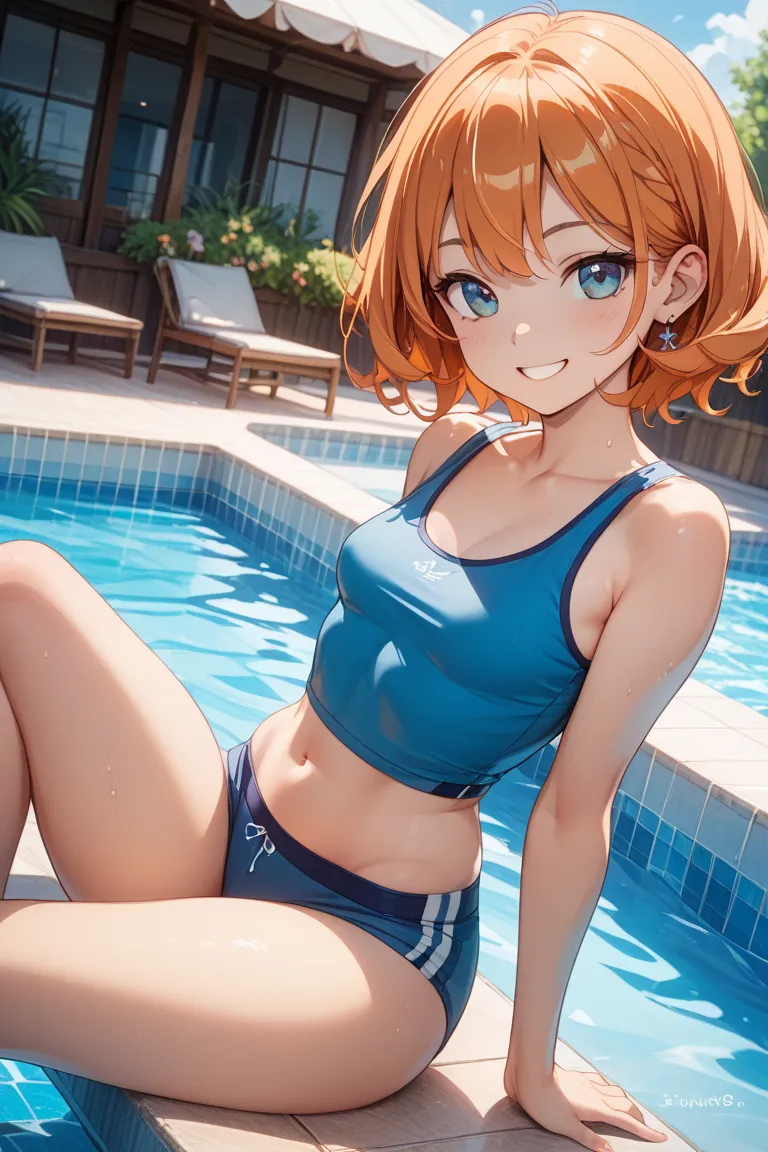 masterpiece、 Top Quality 、8k、Dutch angle、 1 female、 Orange Hair、 Short cauda equina 、 pool side、  blue tank top 、blue boxer briefs、smile、 splashes 、belly button、  thighs、 small tits，small breasts， girl