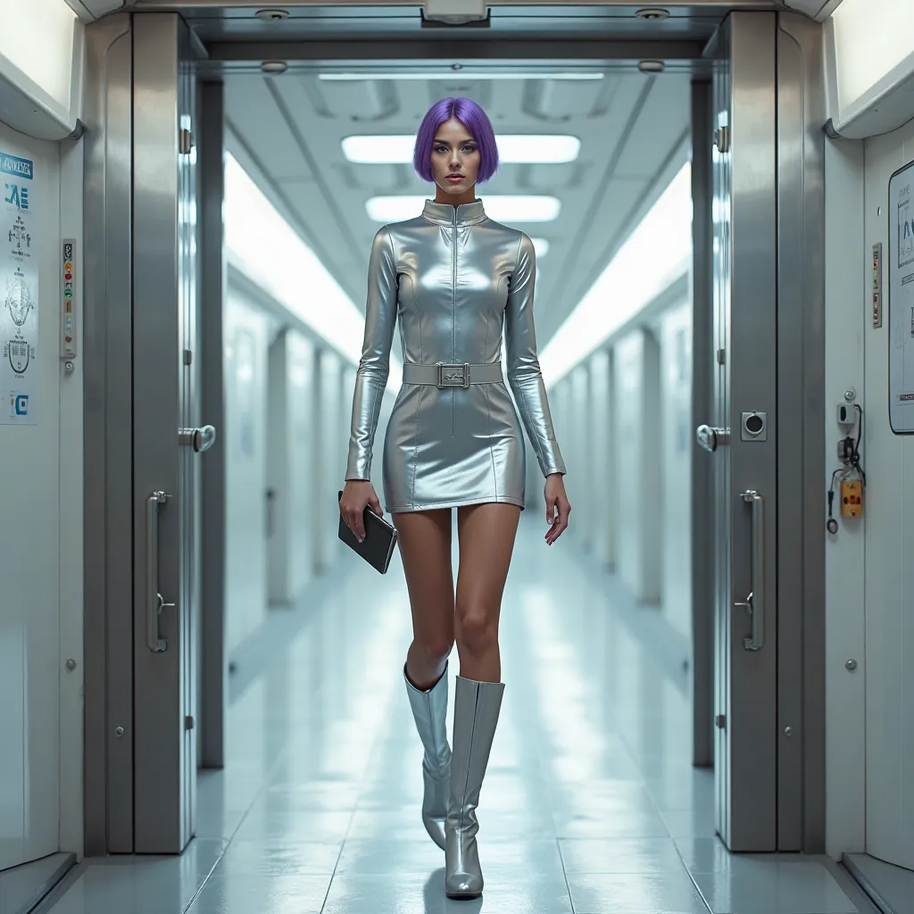 A young woman in her 20's emerges from an automatic door of a long corridor in a spaceship in the near future in 2035. Beautiful walking style. She is wearing a tight silver mini-dress with a 1960's style design featuring a space suit. The dress has a high...