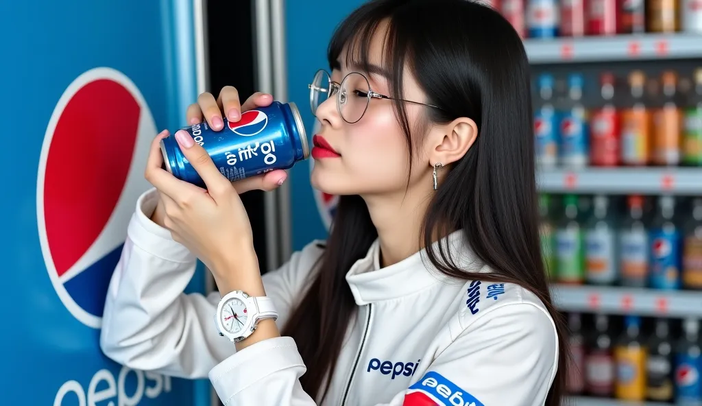 **caption:**A 25-year-old Thai woman who((wears a white racing suit))looks cool and stylish. She is standing in a garage with a coin-operated beverage cooler in the back, she is lifting a can of Pepsi. (pepsi) up for a drink. She has long bangs that look s...