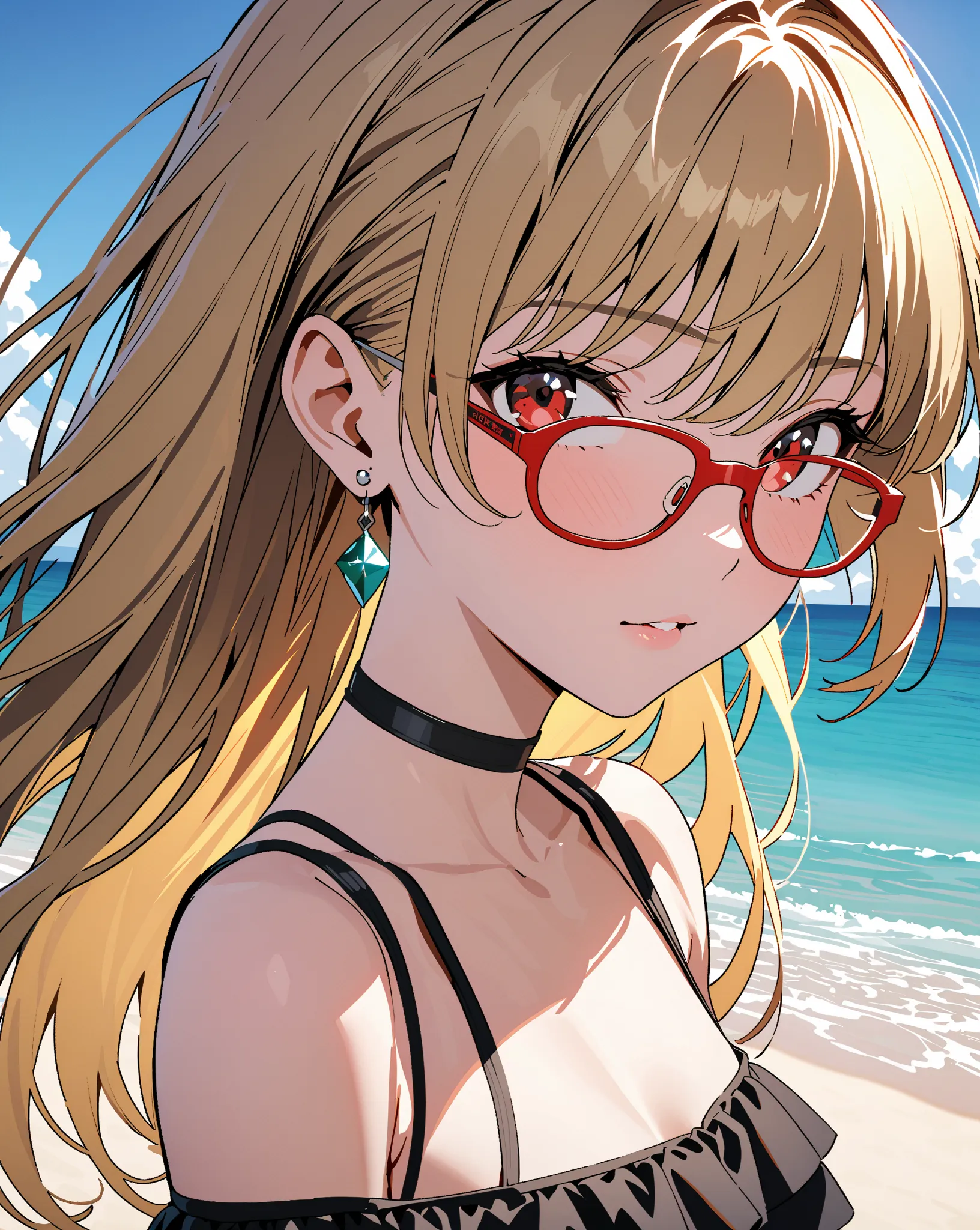 Red Framed Glasses, Puella Magical Girl Lyrical Nanoha, Small breasts, kitagawa marine, beach,  1girl , blonde hair, long hair, multicolored hair, red eyes, jewelry, earrings, piercing, black choker, masterpiece:1.5, highest quality, UHD, retina, masterpie...