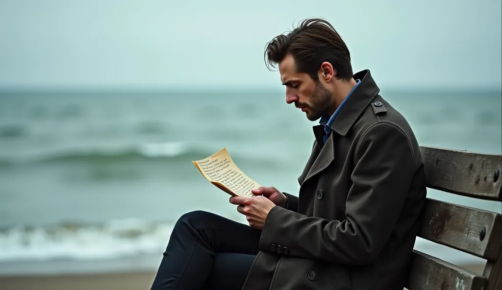 Create an image of a man seated on a weathered wooden bench by the sea, looking down at a handwritten letter in his hands, his face marked with a bittersweet expression, aspect ratio 16:9