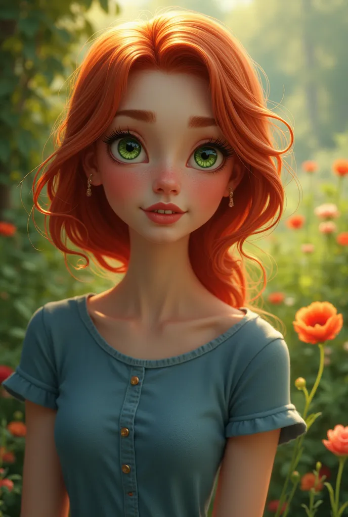 adult, belle, redhead, Square hair with side parting,  emerald green eyes,Jean t-shirt, charming face, silhouette parfaite,  red lips, jardin