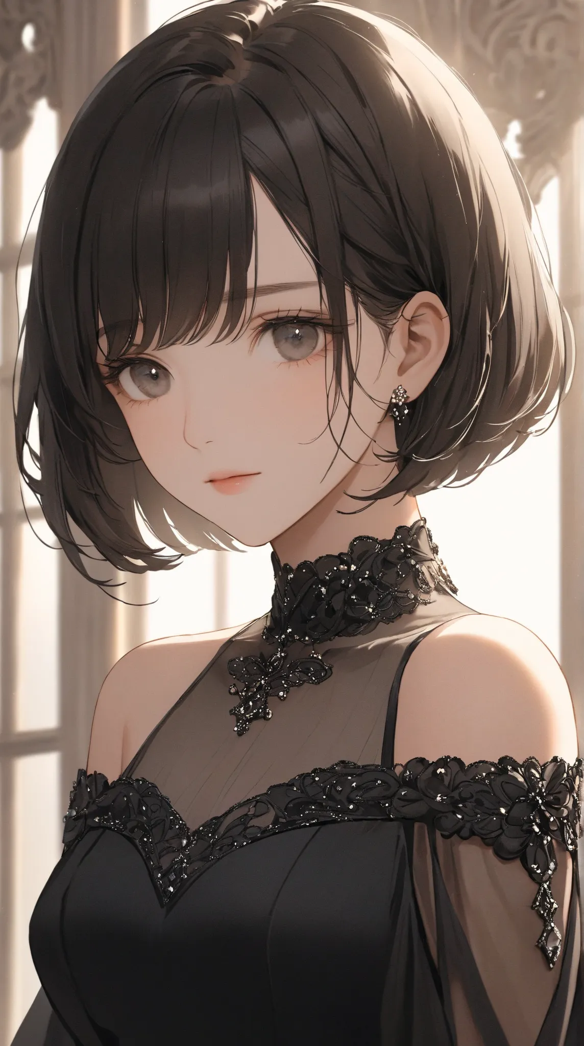 (Extreme close-up, Face-focused portrait)A beautiful woman wearing a simple yet elegant black dress. The dress features sheer off-shoulder sleeves that create a graceful atmosphere, and delicate embellishments on the chest. She has a short bob hairstyle in...