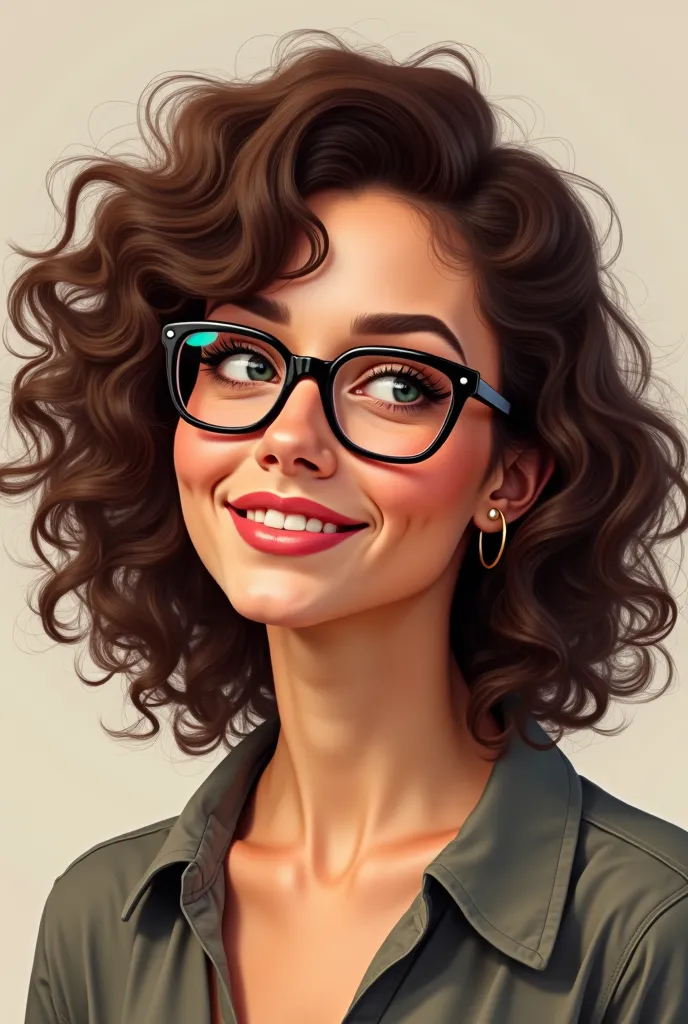 Create the image of a curly-haired woman who wears glasses, In the illustration made of the trunk of the body the head make the drawing an image of a real person.