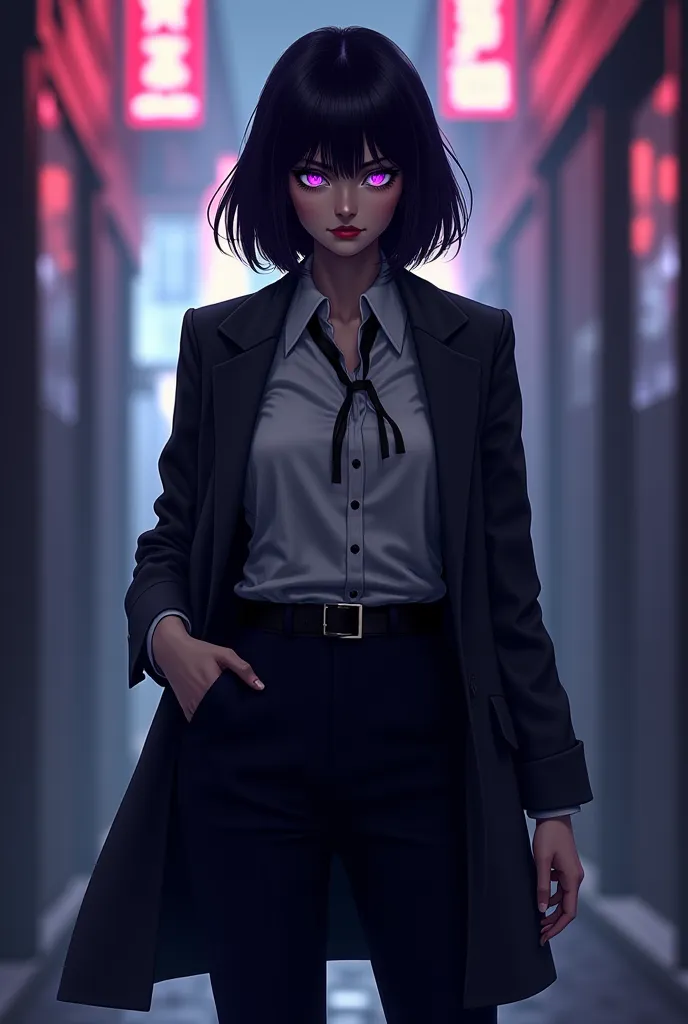 A dark-haired woman with medium hair, purple eyes, clothes according to the picture, can be seen in full in the style of film noir or anime.