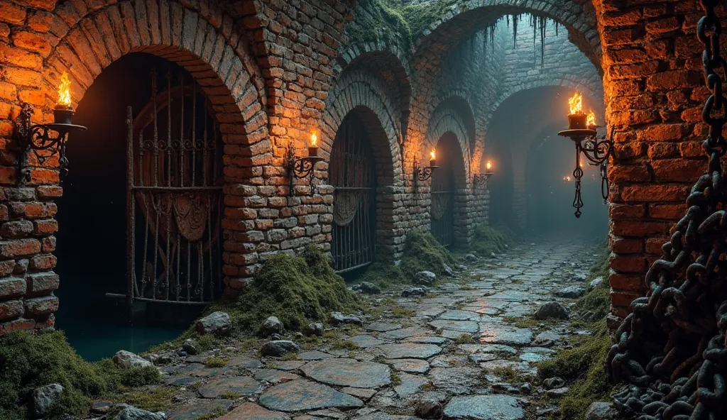 A dark, ancient dungeon built from aged red and gray bricks, covered in moss and cracks. The eerie corridors are dimly lit by flickering torches, casting long shadows on the walls. The stone floor is cracked, with broken chains and rusted iron gates scatte...