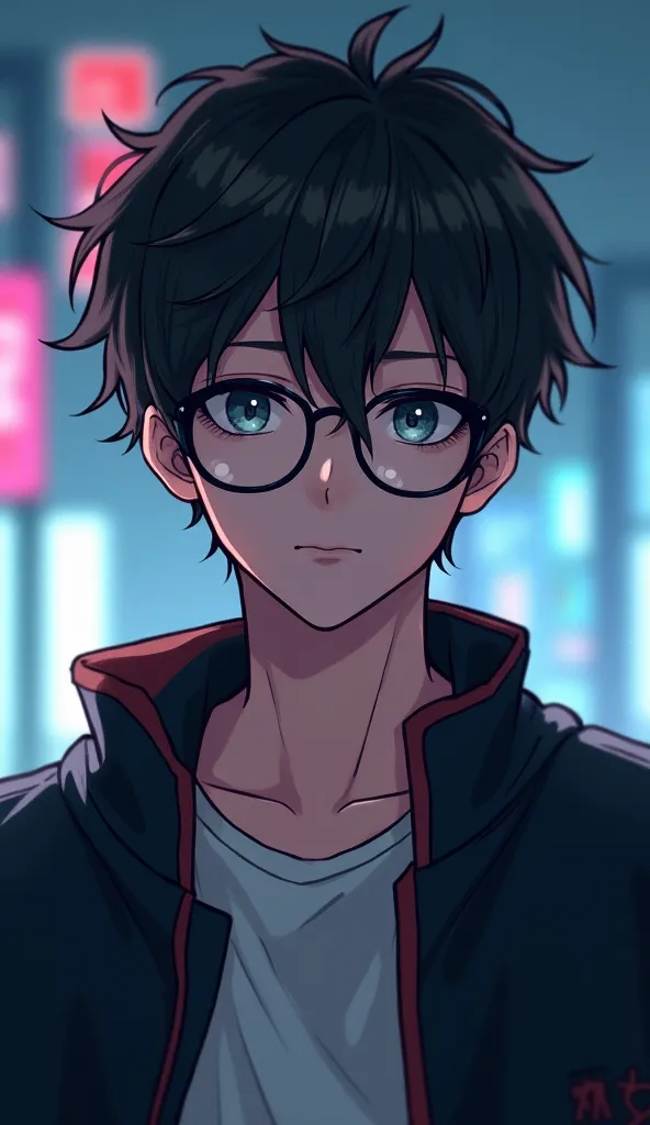 Expressive eyes, sharp eyes, a little intense eyes, a mix of deep blue or gray with a hint of warmth eyes. a fitted jacket over a simple top outfit. Calm but observant expression, minimal but dynamic cyberpunk-inspired Background, Top Male Anime Portrait A...