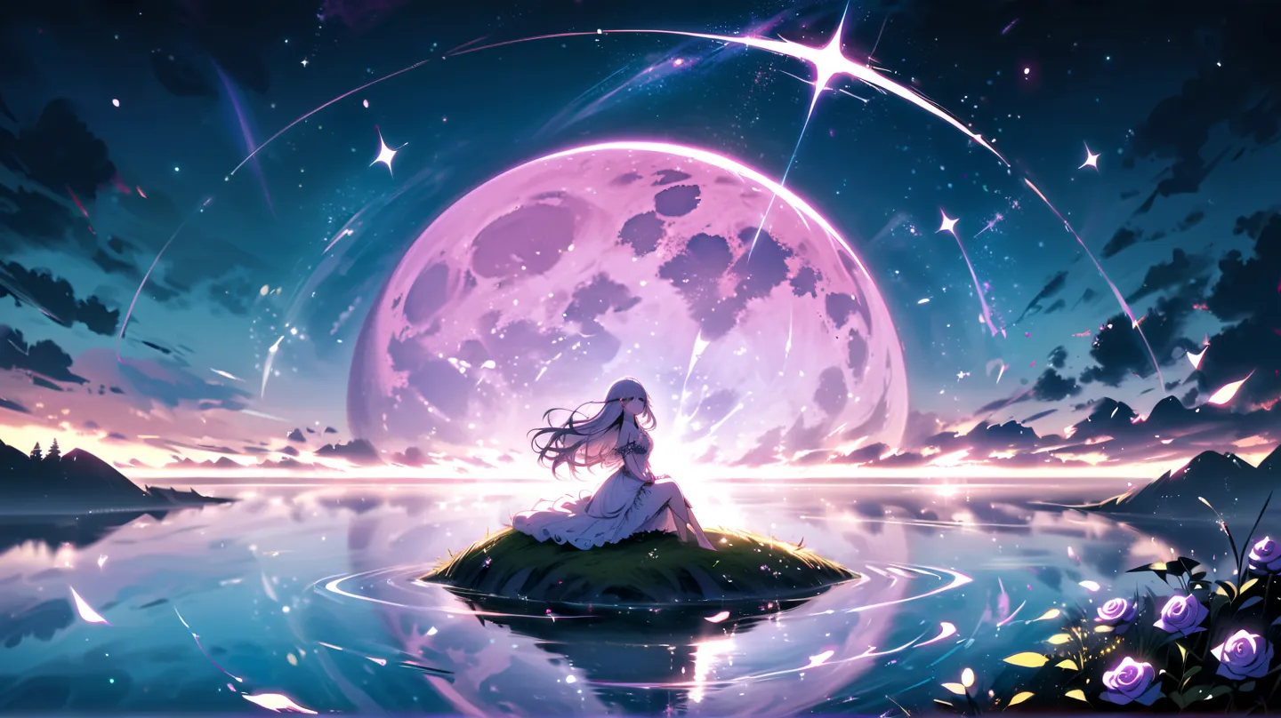 Purple Rose,Shining Light,Starry sky over a shining lake,Pink Moon,fairy