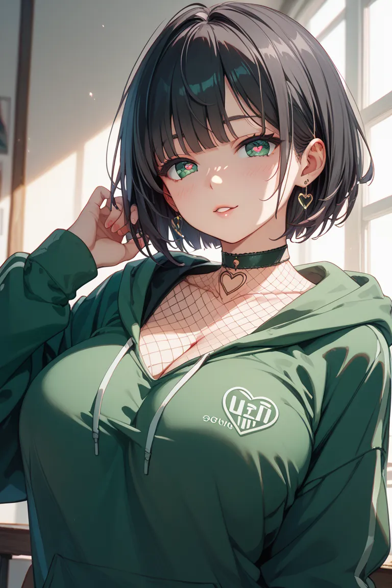  lori、Big Breasts、short bob、 shaggy、 black hair、green mesh on bangs、heart eyes、 Red、Obscene lines、Trance、hoodie、choker