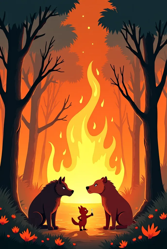 I want simplified cartoon pictures for ren that talk about the story of the bird and the fire. A fire broke out in the forest until the trees burned, so a bird carried drops of water in its beak and extinguished the fire. With the bird were wolves, tigers,...