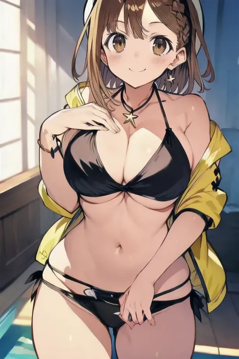 ライザリン・シュタウト,(masterpiece, best quality:1.2),2D, anime, Anime art, line art , watercolor,loli, 1 girl , chest, (large breasts),braid, (brown eyes), (brown hair), (reisalin stout), smile, solo, thighs,cleavage,(swim suit),(black bikini:1.6),(press my chest t...