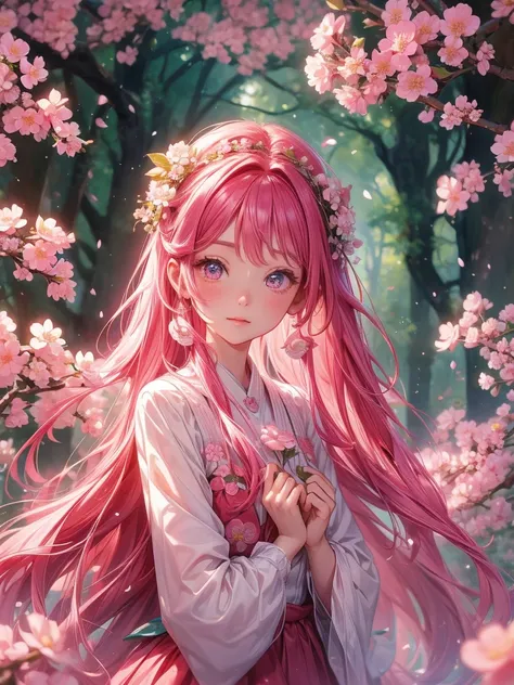  Top Quality、Magical forest with glowing flowers、pink hair、A forest overgrown with greenery、cute cherry blossom