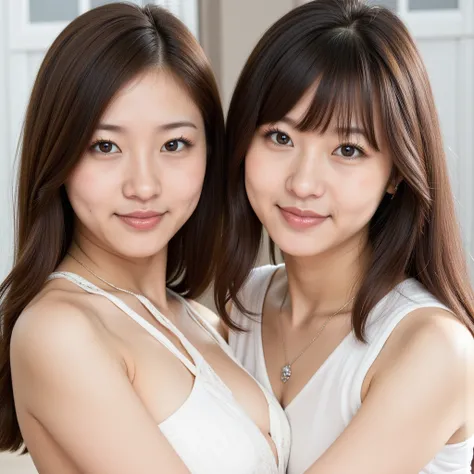  best quality , masterpiece, Ultra-High-Resolution, (photorealistic:1.4), Original photo, (((2 girls))), (One girl is the most famous Japanese idol.、I am , very cute face, Very beautiful big round eyes,  very beautiful short cut), (1- Very beautiful face, ...