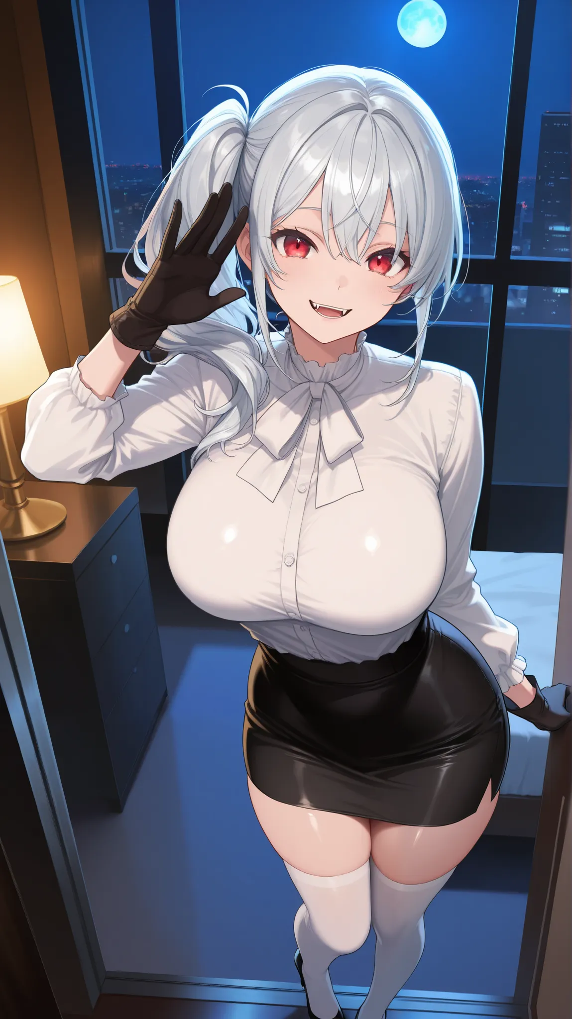 masterpiece:1.5,beautiful eyes:1.5, standing,leg together, 1Girl,looking at viewer:1.8,grinning eyes,smile,shiny silver hair,side ponytail:1.8,beautiful hair:1.6,open eyes1.6,wine red eyes,shiny eyes,open mouth:1.2,fangs,thick tights:1.8,curvy thighs:1.2,h...