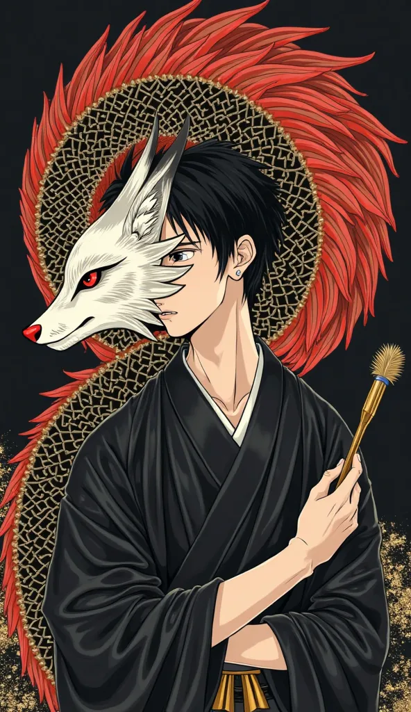 wearing a black kimono and holding a brush. Japanese adult male with short black hair.
 his face is completely hidden by a white and red Japanese fox.  black and gold Japanese dragon on a dark background .   his body is facing sideways ,  only his face is ...