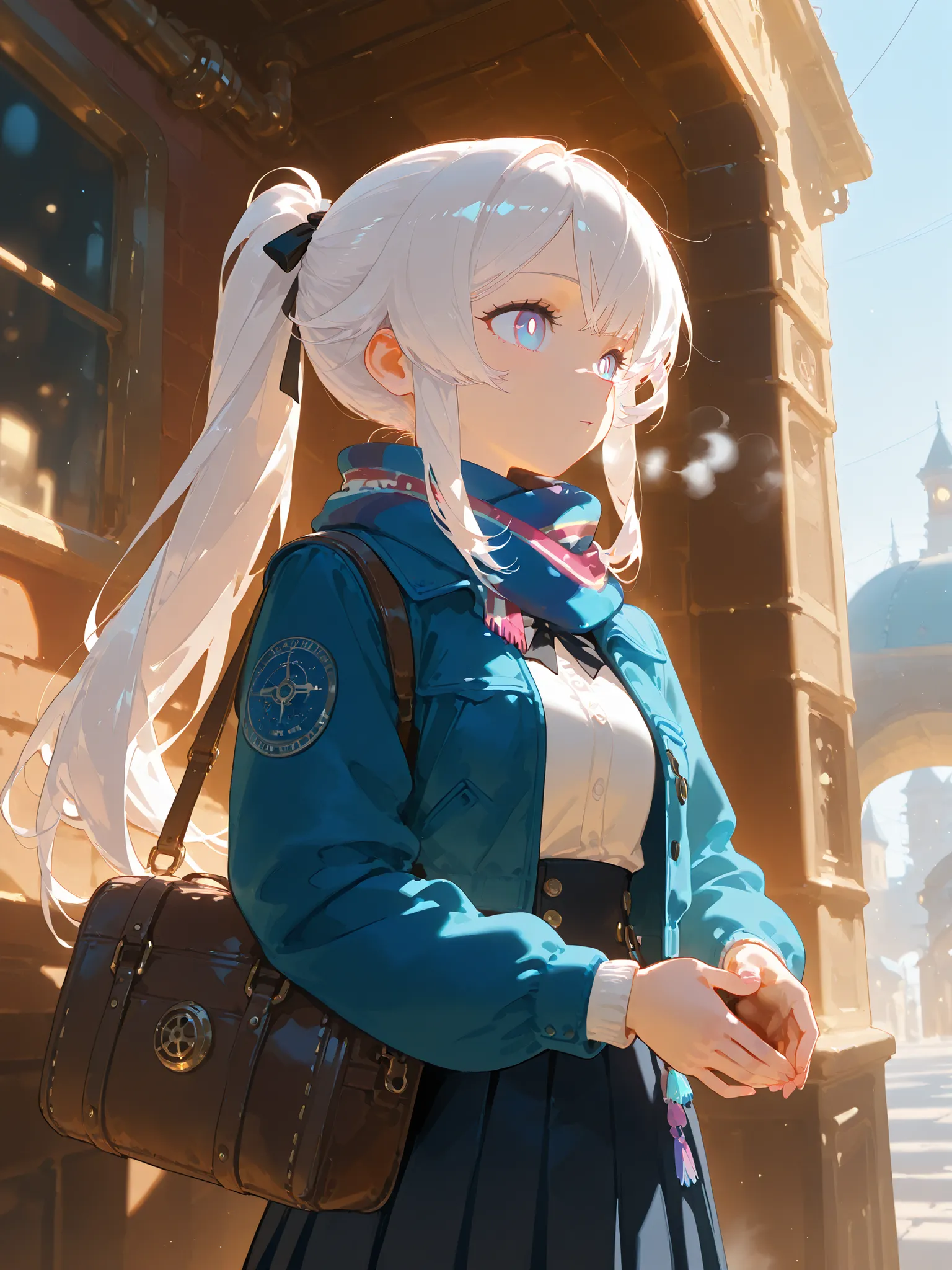 score_9, score_8_up, score_7_up, UHD, Masterpiece, ARW, Long ponytail hair, Long hair, White hair, White gradient hair, Almond Eyes, Look away, Jacket and scarf, Pleated long skirt, Girl with a travel bag, A stylish travel destination, Steaming chimney, Ac...