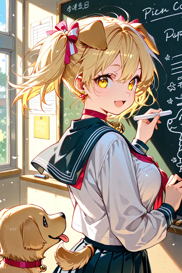 Nsfw,1girl, solo, loli, dog girl, dog ears, cheerful, neck bell, earrings, yellow eyes, hair bow, 
blonde hair, long hair, short twintails, messy hair, floating hair, 
cleavage, large breasts, happy, 

serafuku, 

Writing on the blackboard, holding a chalk...