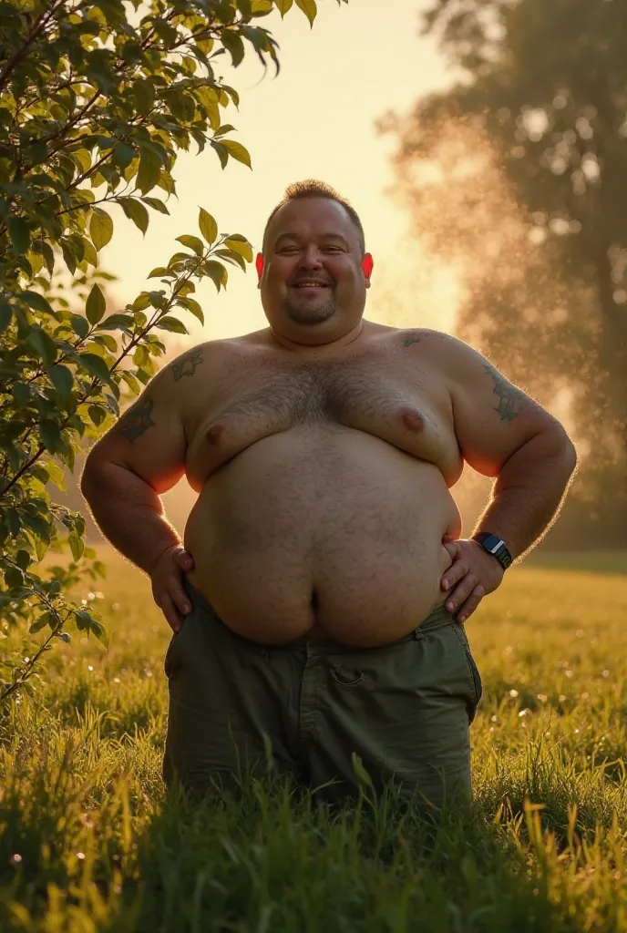 "Photorealistic style. Low-angle shot of Fatty (relaxed smirk, hands on hips) urinating behind a bush, steam visible. Wide lens captures the vast meadow. Colors: Warm yellows of sunlight vs. shadowy greens. Lighting: Backlit silhouette. Textures: Dew on le...