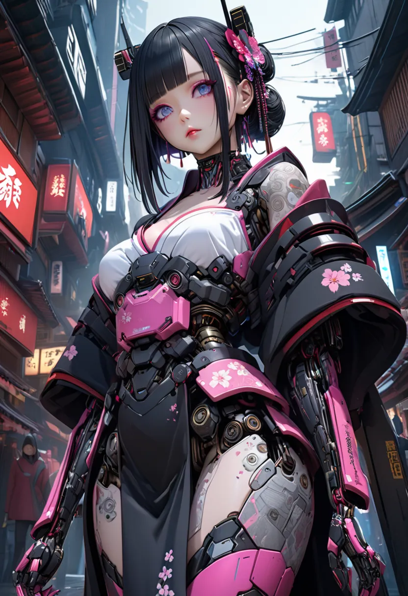 Arab woman in kimono dress standing next to robot,  Japanese Robot Geisha ,  very pretty cyberpunk samurai , beautiful digital art, anime style 4k, Cyberpunk Geisha,  japonisme 3 d 8 k Ultra High Definition ,  Japanese Cyborg ,  Artificial Intelligence Pri...