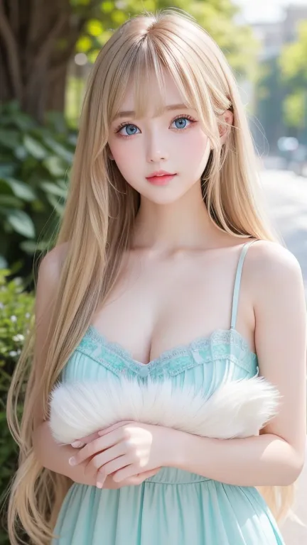 Shining Clear White Skin 、Very beautiful blonde blown by the wind、Bangs hanging over her beautiful face、very cute beautiful 、 cute sexy little beautiful face、Beautiful straight hair that stands out、growing up, sparkling very bright light blue eyes、Long, si...