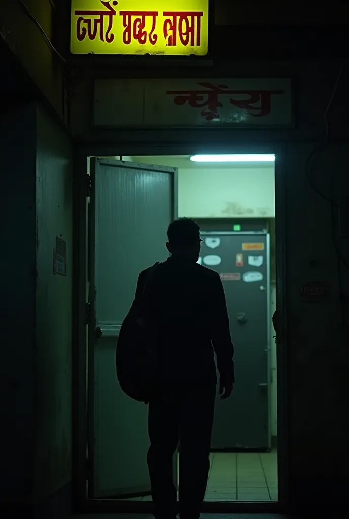 "A tense cinematic moment as Ahmad stands in front of a dimly lit shop with a sign that reads 'Mudah Pinjam Wang'. His hand hesitates on the door handle, and a flashback of his family’s happy faces makes him step back and walk away."