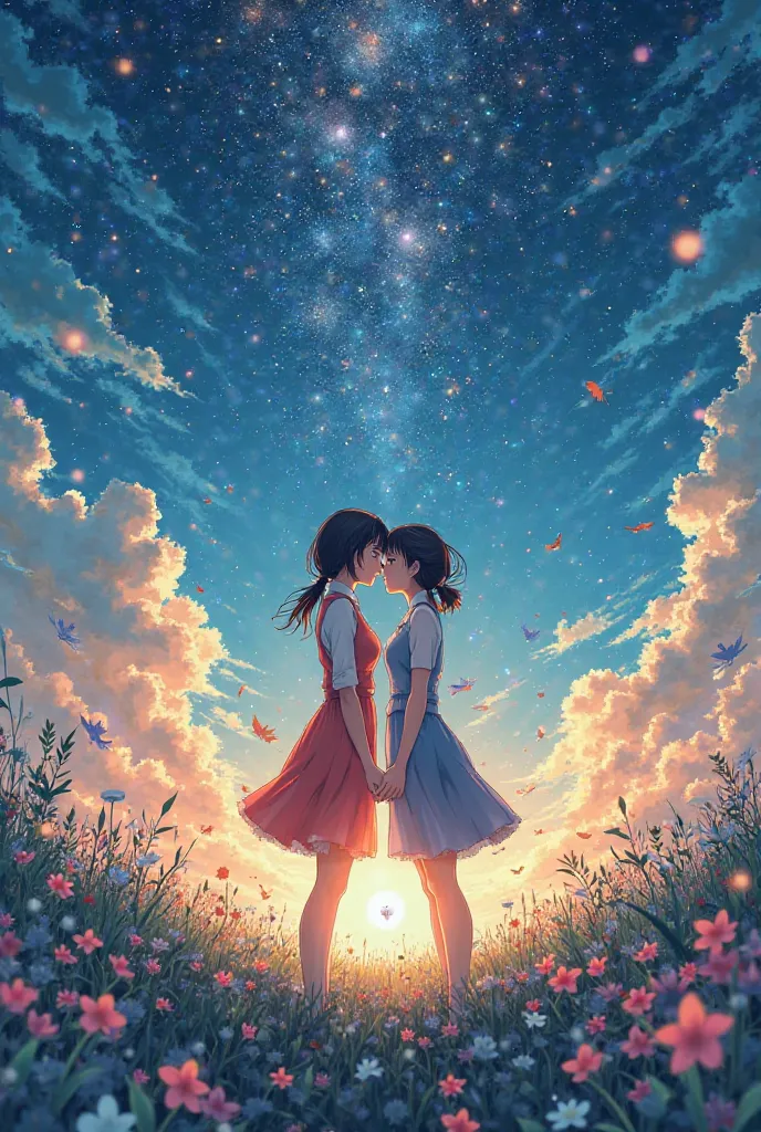 make a poster of the anime movie kimi no nawa, 4 designs do not include the name. use the elements and principles of arts.