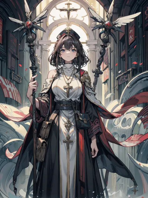 ideal ratio body proportions, perfect anatomy, correct body, earring, huge breasts, narrow waist, short hair, black hair, wavy hair, hair behind ear, half updo, looking at viewer, cowboy shot, Priest, wood necklace, clergy hat, cloak, dark dull red Priest ...