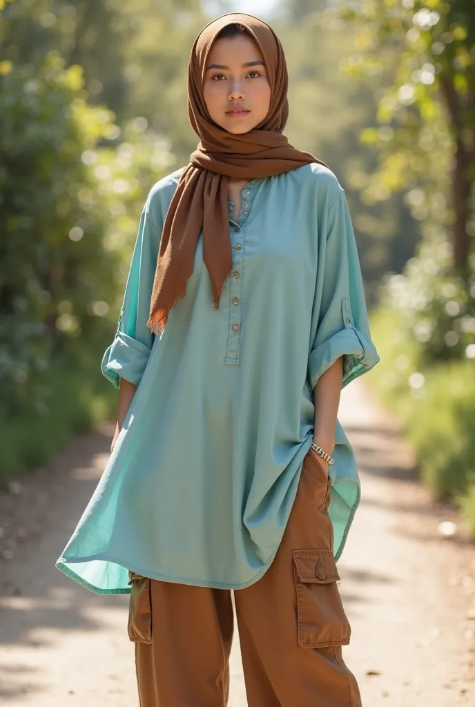 Light turquoise or aqua blue dress knee length top with brown cargo pants and brown hijab. The top is medium loose. It goes upto knees and it's a mini tent dress