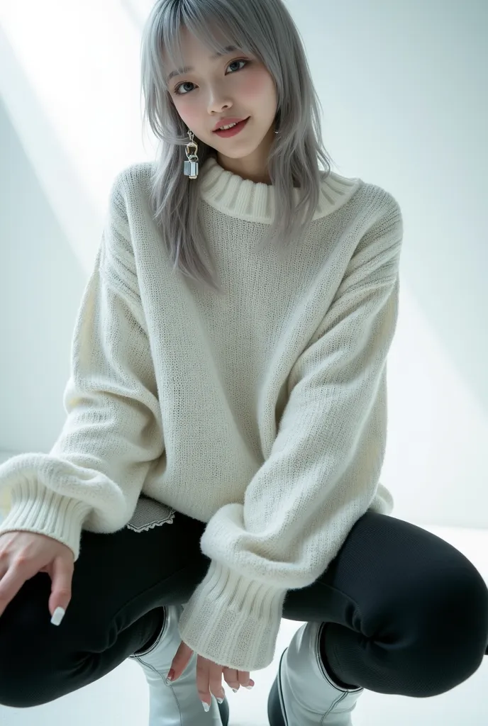 A futuristic vision featuring a 20-year-old Japanese model with an hourglass figure, long gray hair and large gray eyes. She wears a futuristic knit outfit with a baggy white knit sweater featuring silver metallic threads woven into the fabric, creating a ...