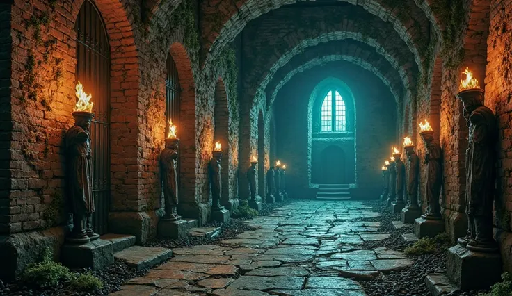 A completely dark underground dungeon with no sunlight, built from aged red and gray bricks covered in moss. The air is damp and heavy with decay. Flickering torches and faint magical blue-green glows barely illuminate the ancient corridors. The stone floo...