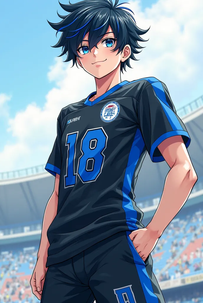 An 18 year old boy, lean pale body, tall, black fluffy medium hair with blue streaks and long bangs, dark blue eyes, cute face face, black blue football uniform. Anime
