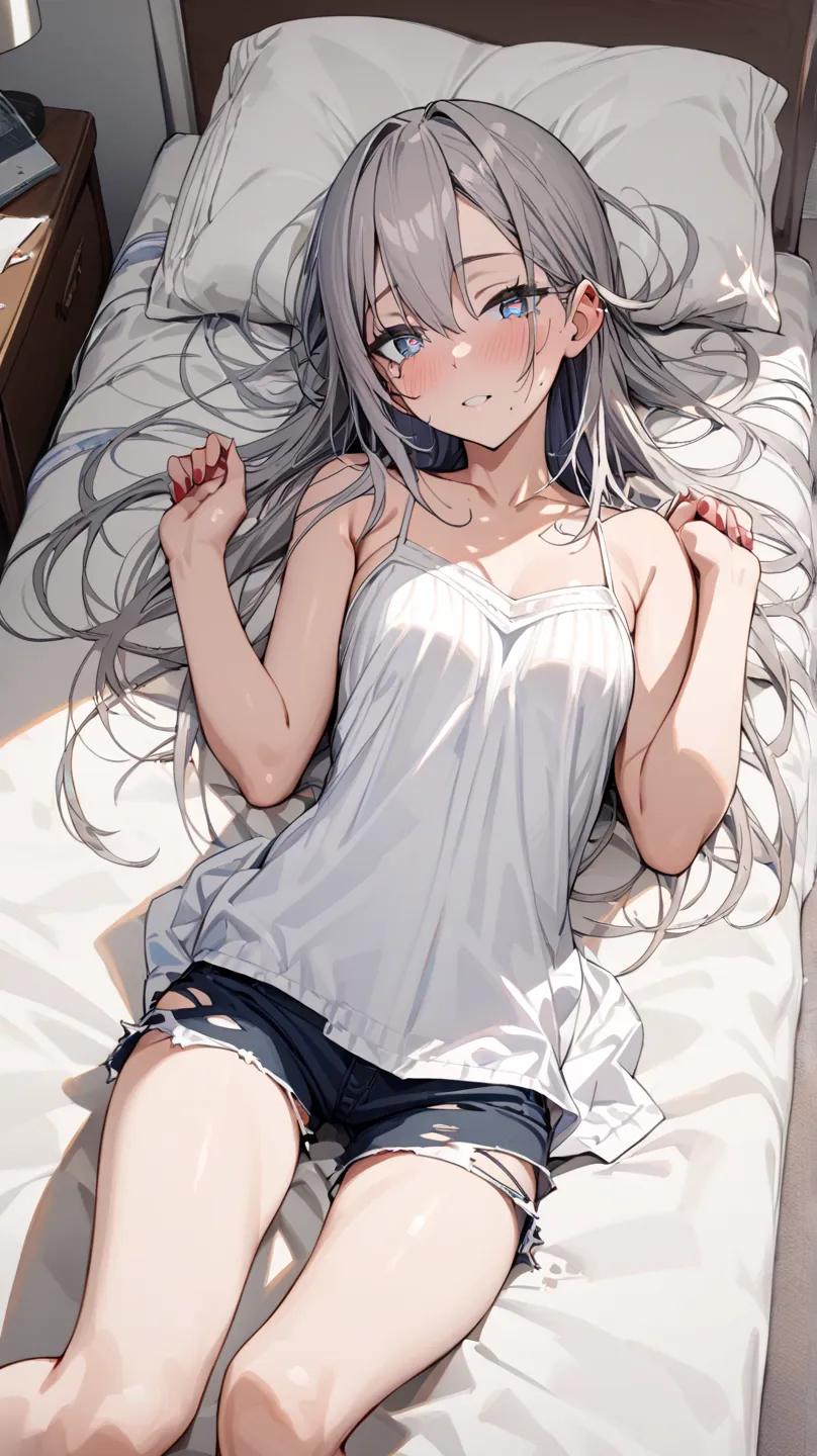  1girl ,torn_shorts,shorts,camisole,,masterpiece, best quality, very detailed, complicated, Super Detail, detailed eyes, my room,Lie down,join hands behind the head,