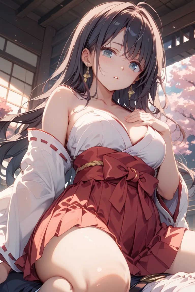  Japanese Shrine Maiden Outfit、Japanese clothing、 white kimono、Red Hakama、Kizuna Ai、expressionless、solemn 、long hair caught in a hole、earrings、 black hair、 clear、pure、No Eye Highlights、no light in eyes、shrine、 cold expression 、cowgirl sex、 ahead、completely...