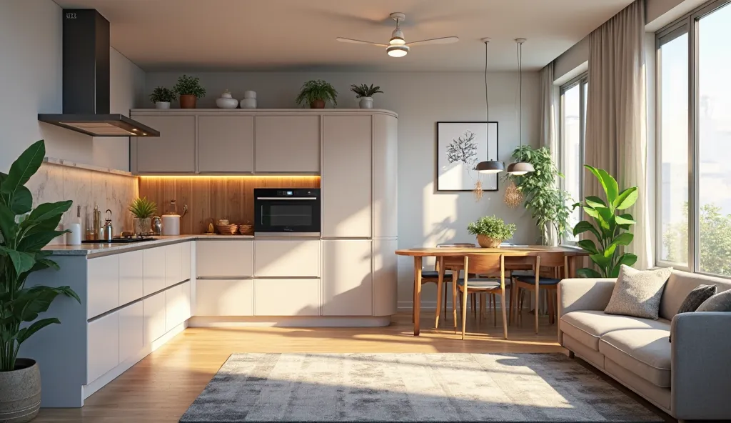  A KITCHEN FROM A HOUSE , without people just the living room, In photo-realistic style, even more so with a touch of realistic anime