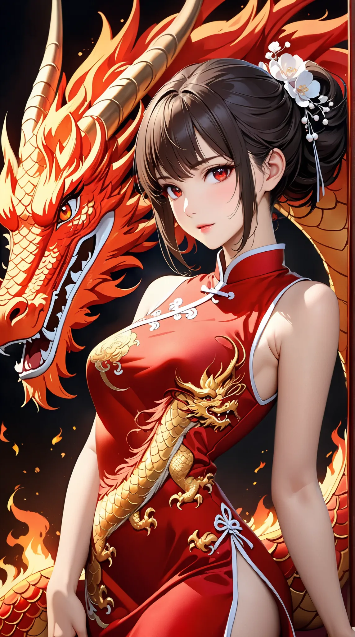 ((Top Quality)),( super high resolution ),(very well detailed),( detailed description),(( best CG )),(masterpiece), Ultra Detailed Art ,Amazing Painting Art,(Art with Delicate Details:1.5), woman, beautiful well-groomed face. Fire Dragon China Dress,  Crim...