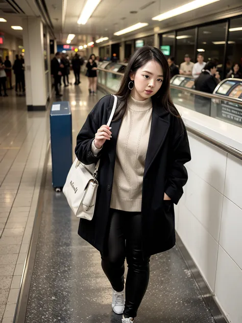 a woman in a coat is standing in front of an escalator, long hair, black hair, earrings, bag, ground vehicle, hoop earrings