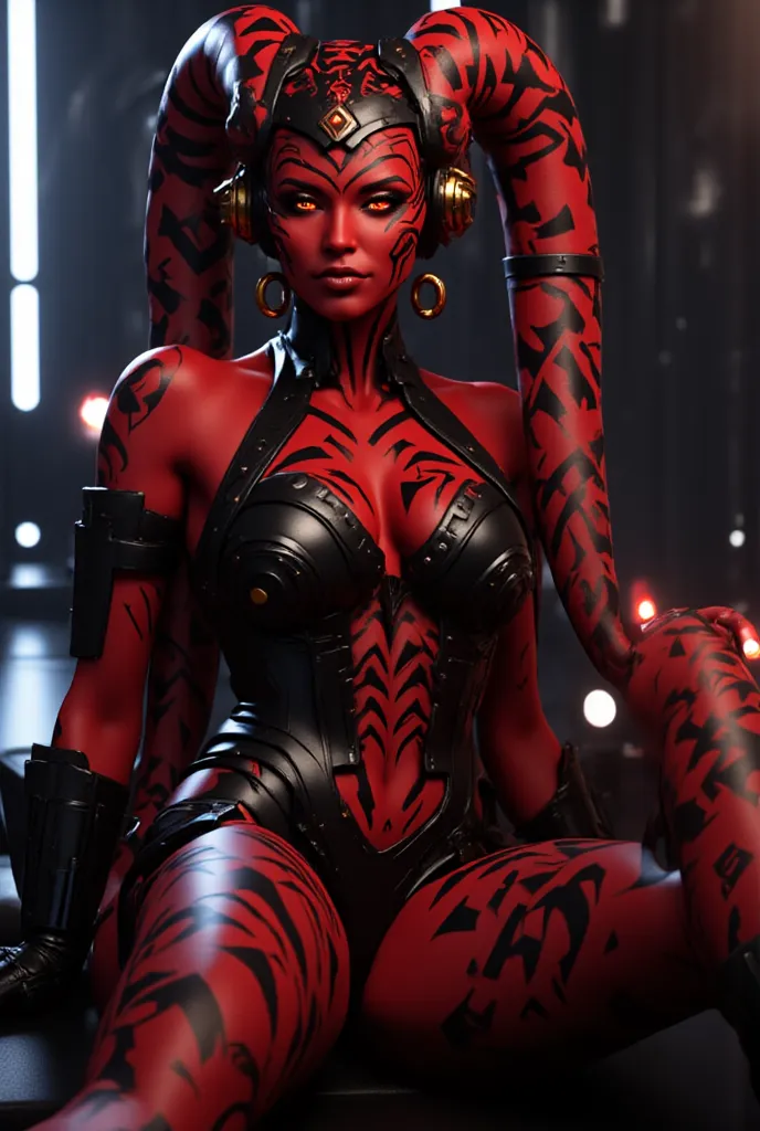 1girl,  seductive shapes, seductive body and curves, Twi'leck girl from the Star Wars universe, her skin is red, instead of hair, paired branches on the head, , which had the shape of tentacles and were called “lekku”, are red, pretty face,  determined loo...