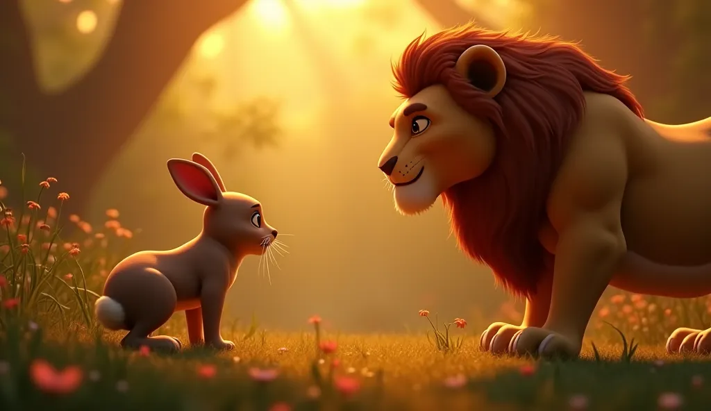 The mighty lion bows his head slightly in respect toward the rabbit, acknowledging his wisdom. The jungle in the background glows with golden light. (3D animation style, detailed fur rendering, warm lighting, ultra-realistic character expressions).