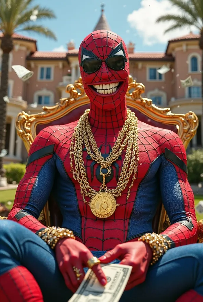 8k realistic ultra HDR Spider-Man, dressed in a red and blue suit.  He is adorned with numerous gold necklaces, bracelets, and rings, with a large gold dollar coin pendant.  He's wearing dark sunglasses and has a wide, exaggerated smile. The Spider-Man cos...