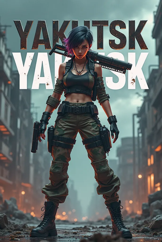 
"A female character inspired by the style of battle royale games like Free Fire. She is wearing a tactical outfit with camouflage pants, a vest, and combat boots. Her hair is styled in a short, edgy cut, with a dark color and a hint of neon highlights. Sh...