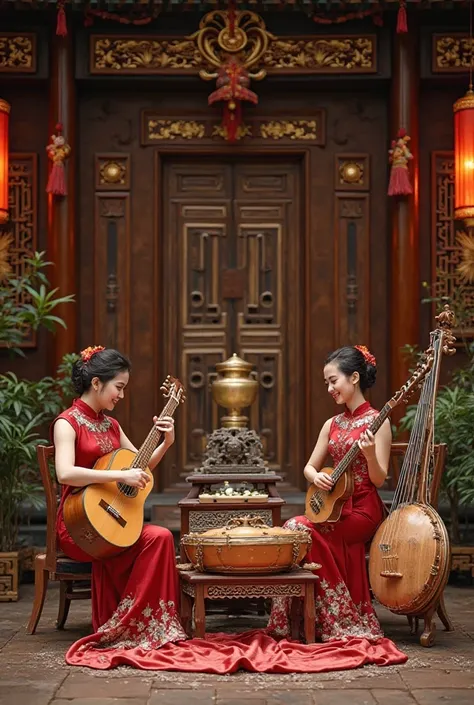 A detailed and culturally authentic scene featuring traditional Vietnamese musical instruments in a well-arranged composition. The đàn tranh is placed at the center, prominently displayed on an elegant wooden stand to highlight its intricate craftsmanship....