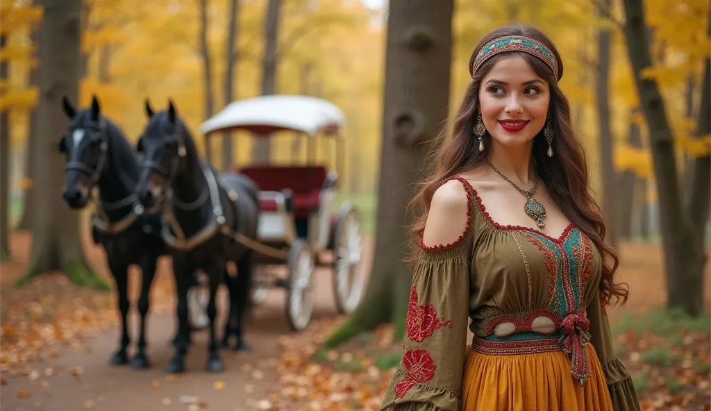 A portrait photograph taken in an autumnal forest setting features a young woman dressed in bohemian-style attire, positioned slightly to the right of center. She wears a brownish-green off-the-shoulder blouse with intricate red and gold embroidery, sheer,...