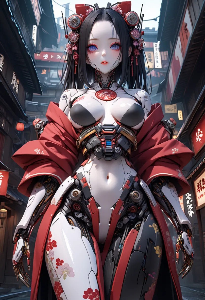 Woman in kimono standing next to robot,  Japanese Robot Geisha , beautiful digital art, anime style 4k, Cyberpunk Geisha, japonisme 3 d 8 k Ultra High Definition ,  Japanese Cyborg , Artificial Intelligence Princess  ,  cyberpunk cyborg .Ultra High Definit...