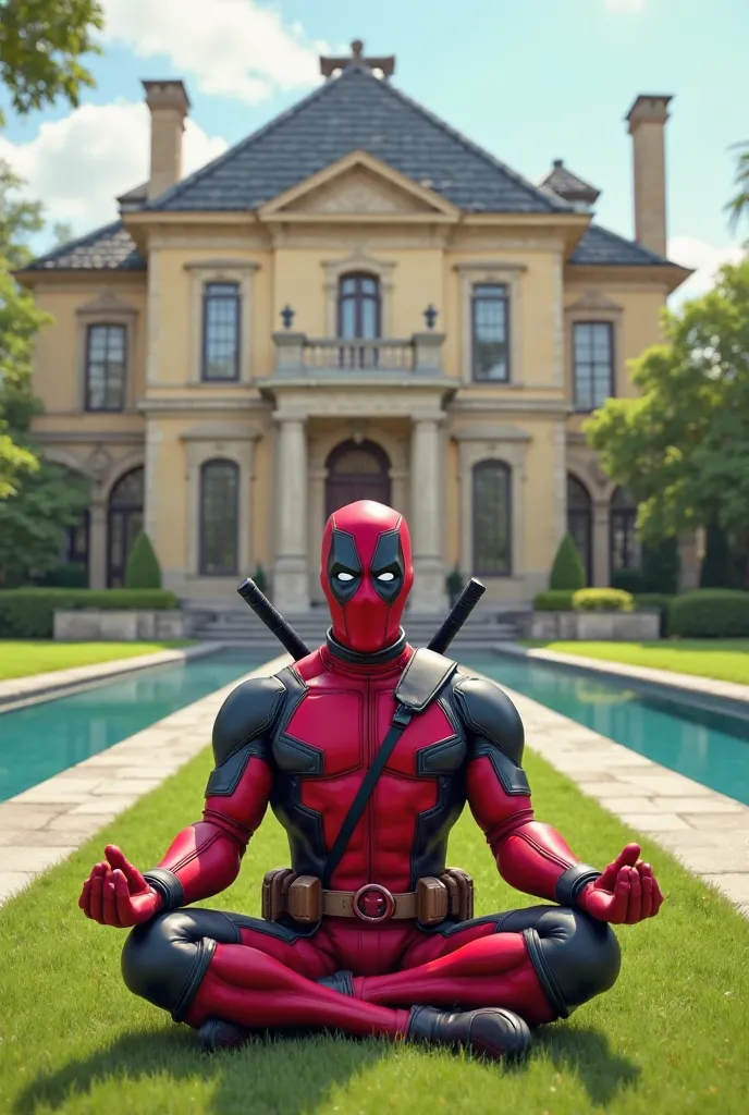 8k realistic ultra HDR Deadpool, a Caucasian male, is depicted in a  3/4 frontal view. He is  middle-aged, with a muscular build. He is wearing his iconic red costume, a red bodysuit, black belt, and accessories,  and is performing a seated meditation post...