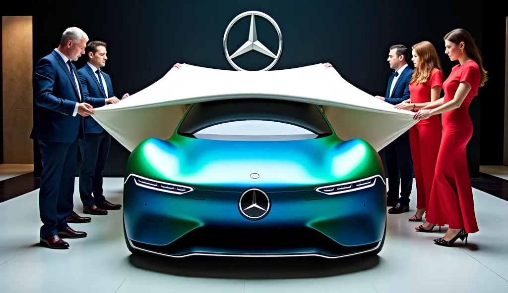 A captivating image of a (2025 Mercedes vision avtr) center stage in a luxurious  showroom.The futuristic, vibrant (blue& Green ) exterior gleams, showcasing its sleek, aerodynamic design and bold accents. The car(right front side) view highlight the cutti...