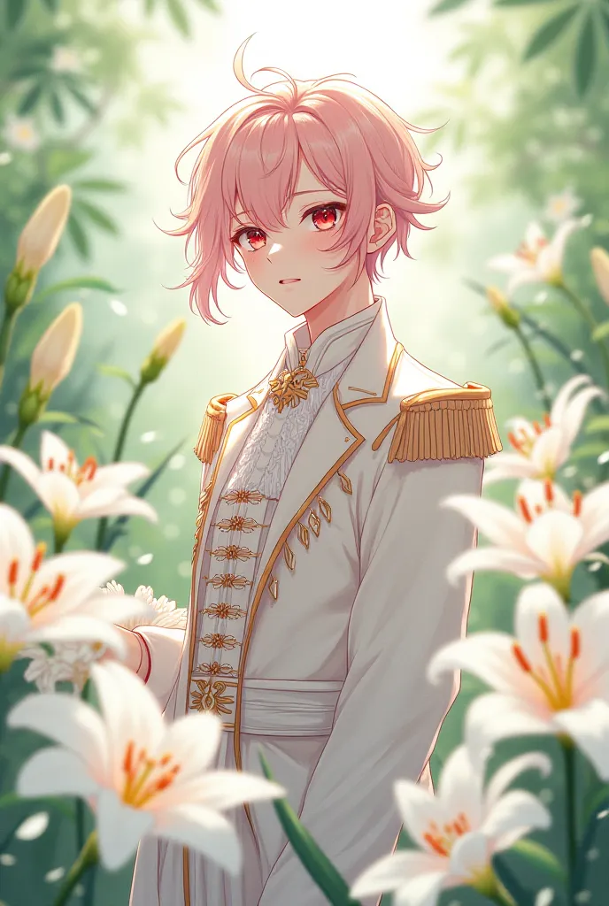 A male manga with very long hair, light pink hair, red eyes, cute looking, wearing a British aristocratic outfit, in a white lily flower garden.