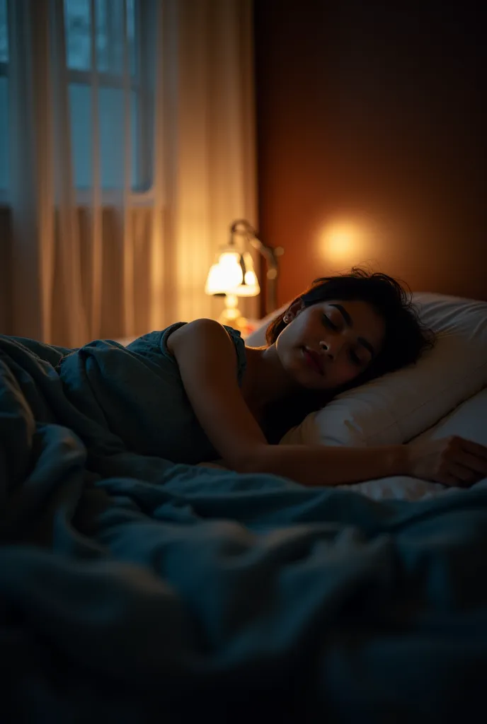 "A young Indian woman, Neha, is peacefully sleeping on a bed in a dimly lit bedroom. The soft glow of a night lamp casts a warm ambiance. The curtains are slightly moving, and the atmosphere is calm and quiet."
