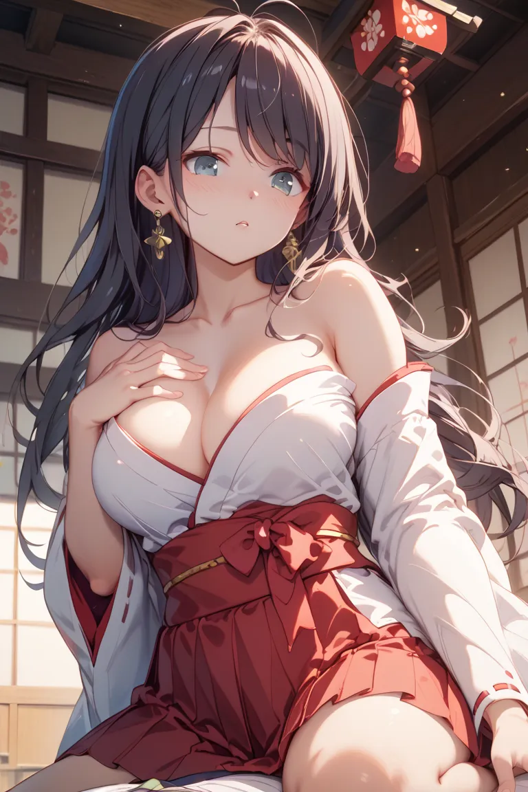  Japanese Shrine Maiden Outfit、Japanese clothing、 white kimono、Red Hakama、Kizuna Ai、expressionless、solemn 、long hair caught in a hole、earrings、 black hair、 clear、pure、No Eye Highlights、no light in eyes、shrine、 cold expression 、cowgirl sex、 ahead、A complete...