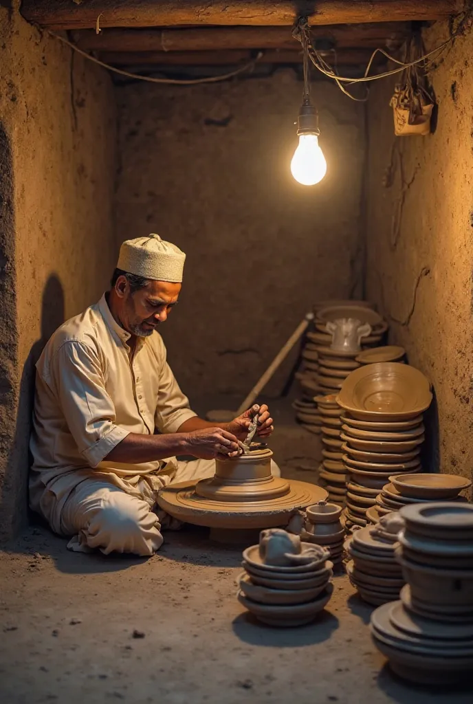 This image captures a craftsman engaged in traditional pottery work in what appears to be a small workshop. The man, dressed in light-colored traditional attire with a cap, is seated on the ground while working on a spinning pottery wheel. The workspace ha...