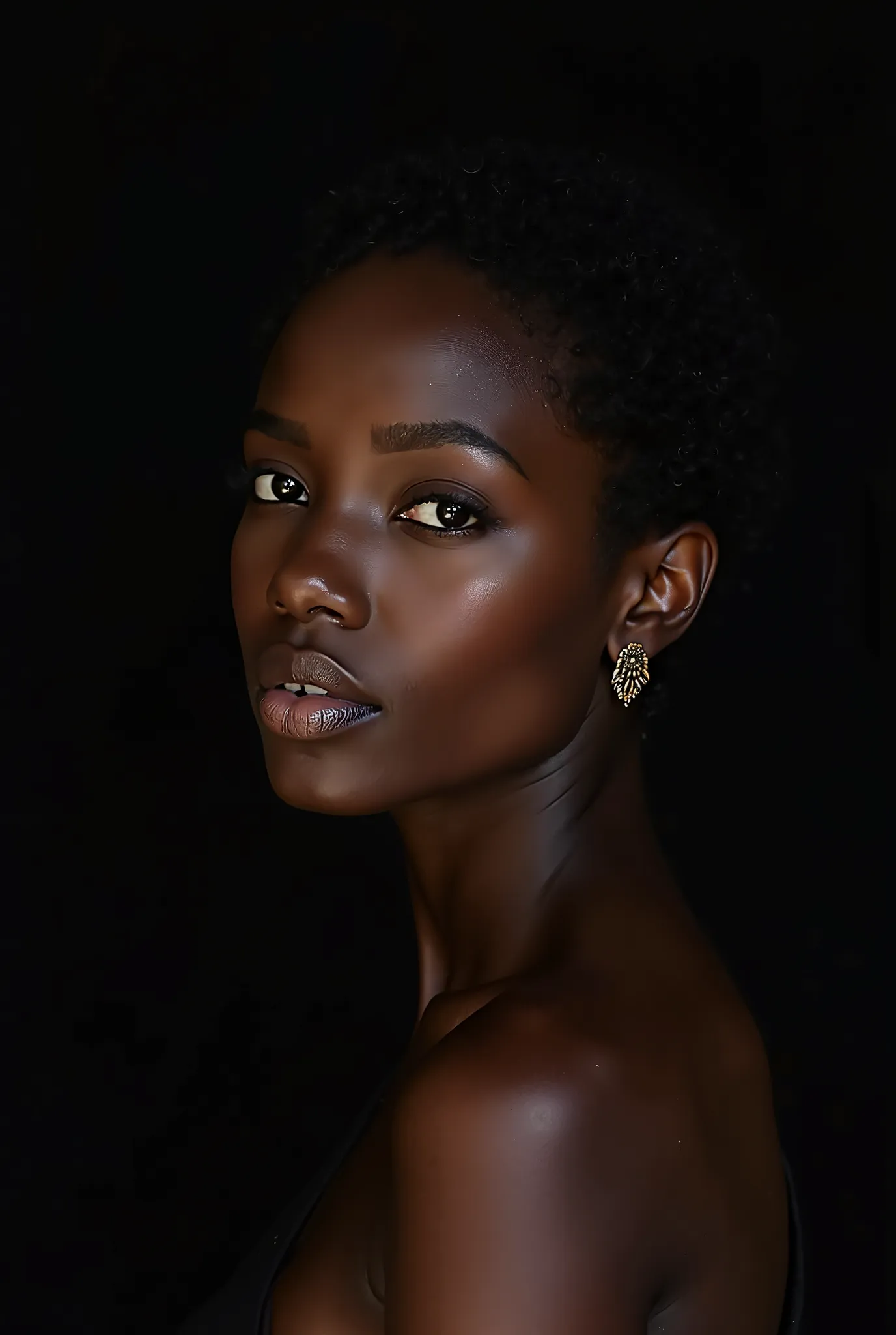 A stunning portrait of a Black woman with short, natural hair set against a stark black background, her flawless, dewy skin softly illuminated to highlight her natural beauty and grace. She gazes intensely at the viewer, revealing one delicate gold earring...